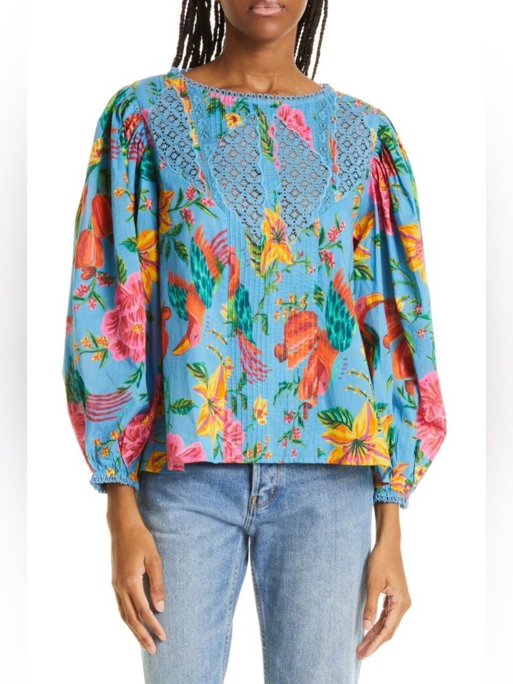 FARM Rio Blue Floral Lace-Trim Puff Sleeve Blouse - Picture 1 of 14